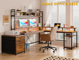 EnHomee 66" L Shaped Desk with Drawers Reversible Large L Shaped Gaming Desk with LED & Storage Shelf Gaming Desk with Monitor Stand Power & Outlet Wide Home Office Desks with File Cabinet Brown EnHomee
