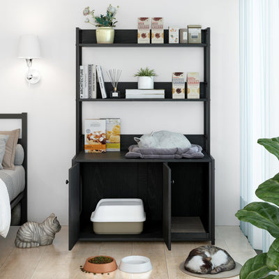 Litter Box Enclosure with 2 Storage Shelves Black Hidden Cat Litter Box Furniture with Scratch Pad, Indoor Cat House Kitty Box Washroom Cat Bookshelf Cabinet