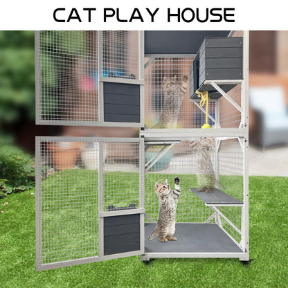 Cat House Catio Outdoor Cat Enclosure, 3-Tier Wooden Outdoor Cat House with Wheels, Waterproof Roof Cat Outdoor Enclosure Catios for Cats Outdoor Patio Indoor