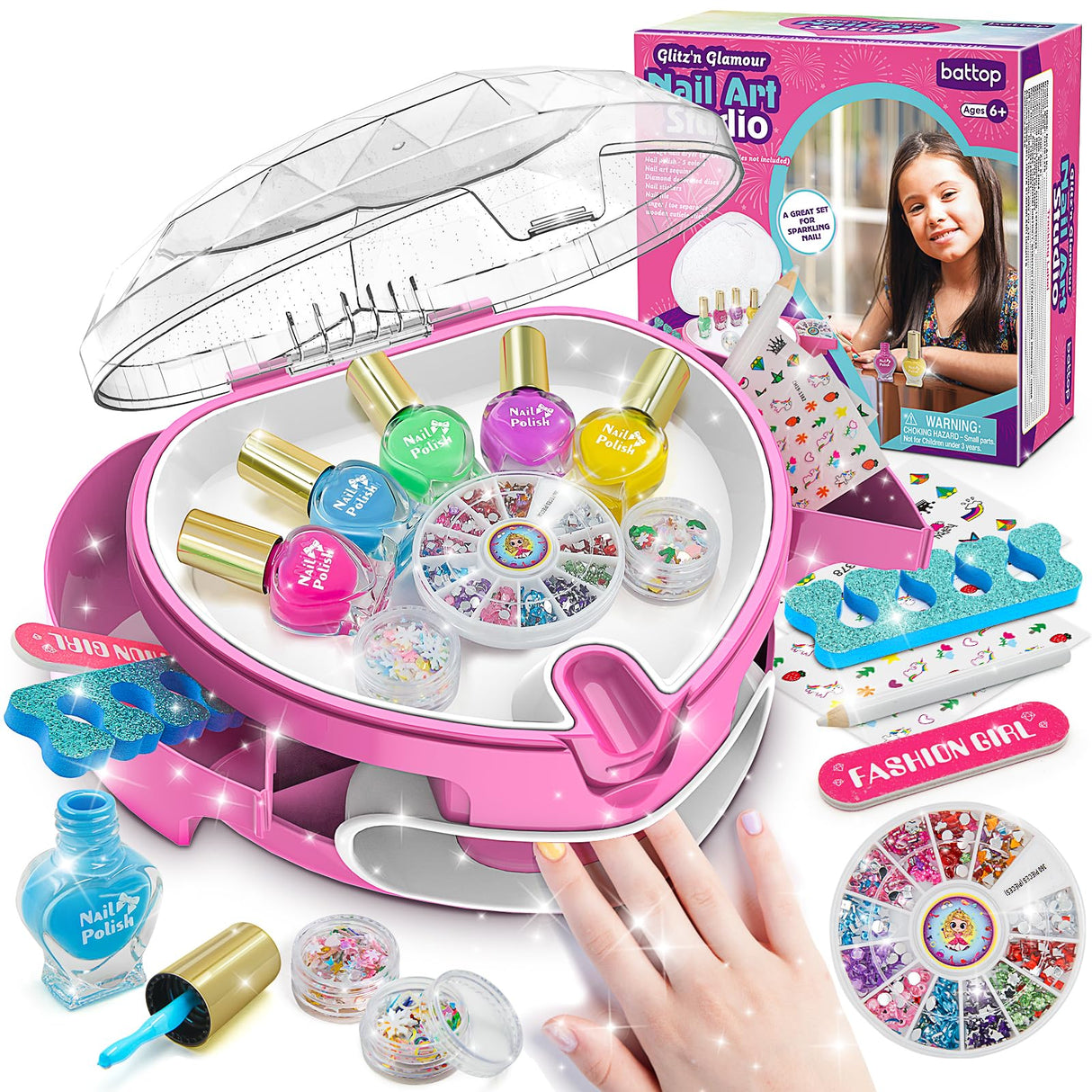 BATTOP Kids Nail Polish Set for Girls, Nail Art Kit for Kids with All-in-One Organizer Nail Dryer, Polish, Stickers, Gems, Filer - Ideas Gift for Girls 6 7 8 9 10 11 12 - Dress-Up Toy BATTOP