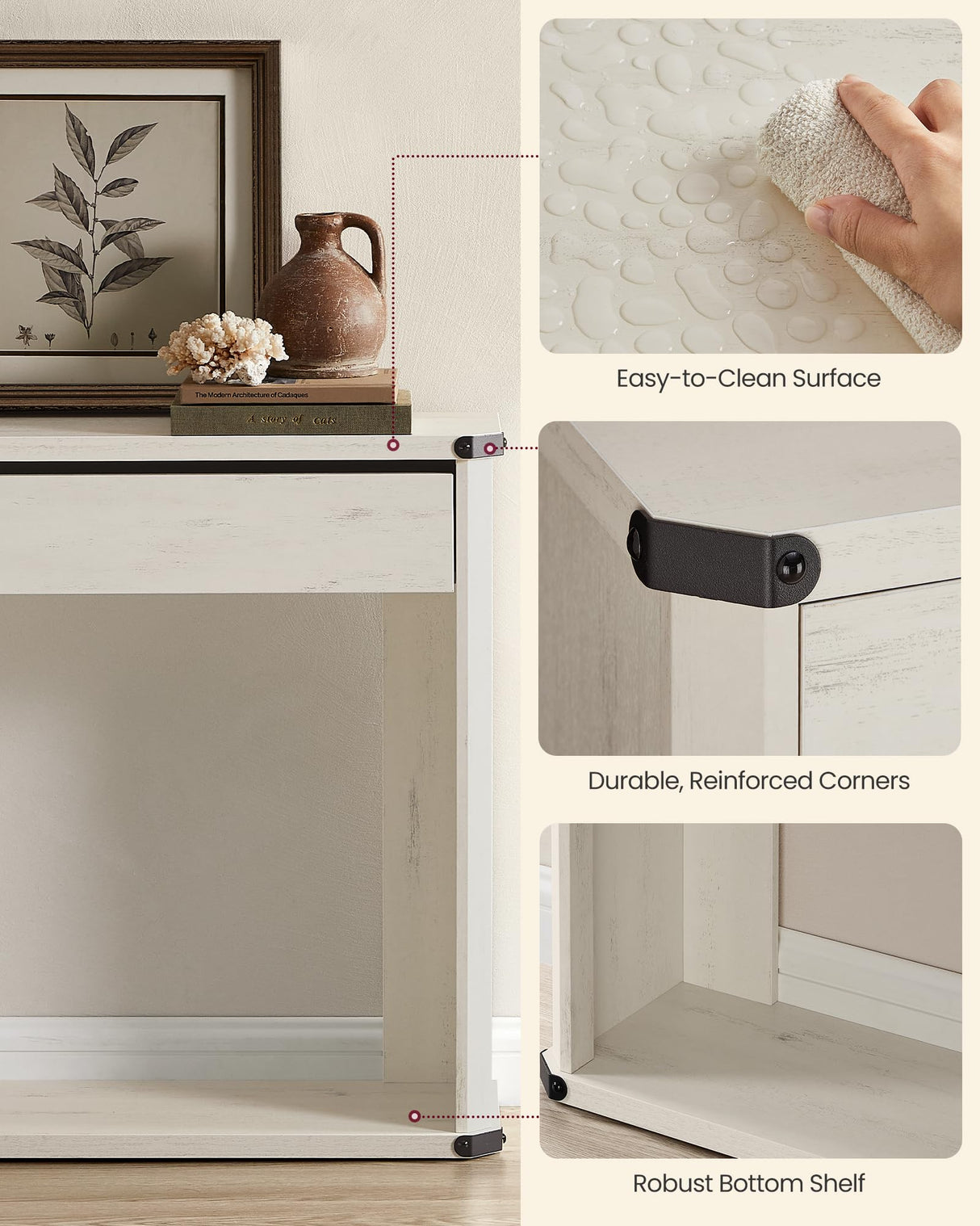 VASAGLE Console Table, 47.2 Inches Sofa Table, Narrow Entryway Table, Entry Table with 3 Drawers, Bottom Shelf, Metal Corners, for Living Room, Bedroom, Farmhouse Style, Rustic White ULNT143W73 VASAGLE