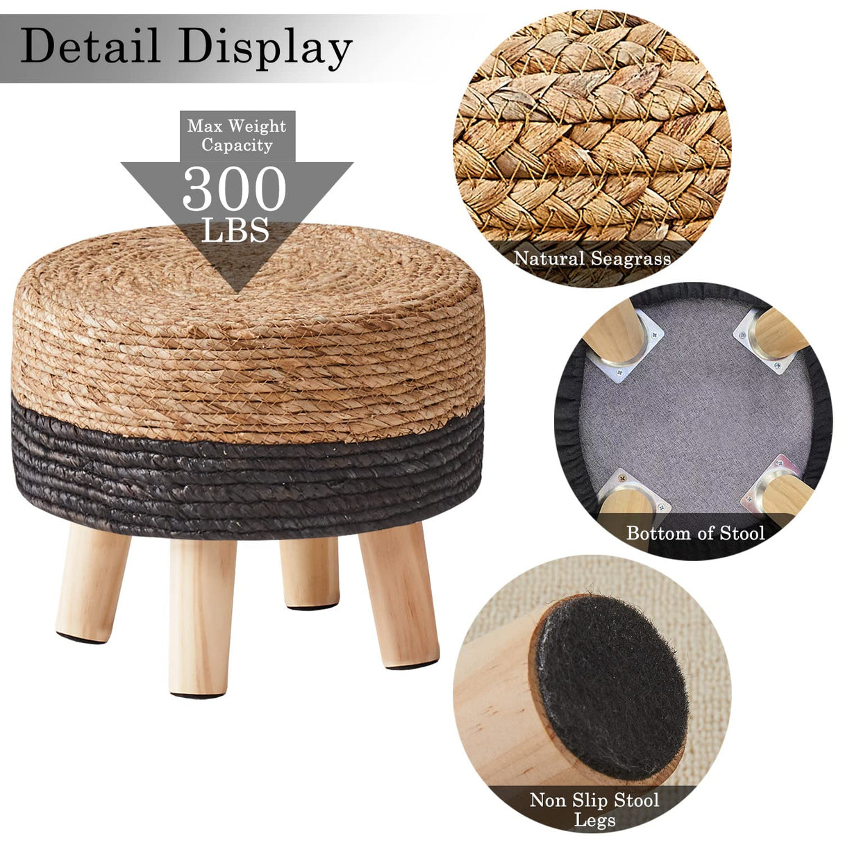 Cpintltr Ottoman Natural Seagrass Footrest Poufs Hand Weave Round Foot Stool for Couch Desk Soft Step Stool Padded Foot Rest with Pine Legs for Living Room Bedroom Natural/Black Cpintltr