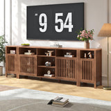 BVIUNTWO Farmhouse Brown TV Stand with Grille Doors, 7 Open Storage Compartments, 96" Media Console with Adjustable Shelves for Living Room BVIUNTWO