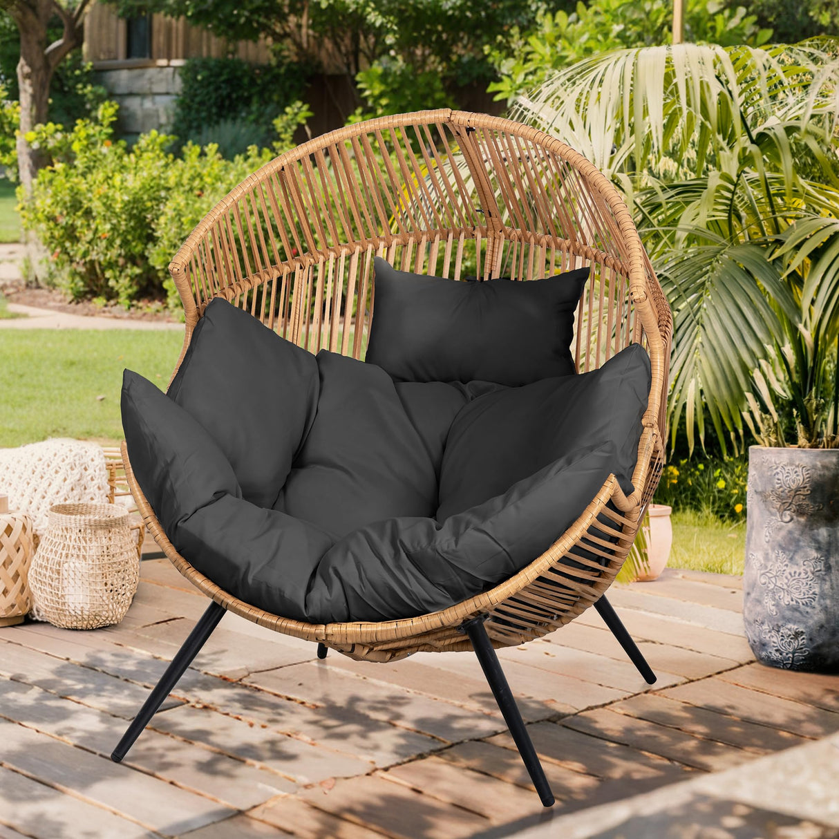 Vongrasig Outdoor Wicker Egg Chair PE Rattan Chair with Cushion, Oversized Patio Lounge Chair for Outdoor, Indoor, Balcony, Backyard, Garden, Black Vongrasig