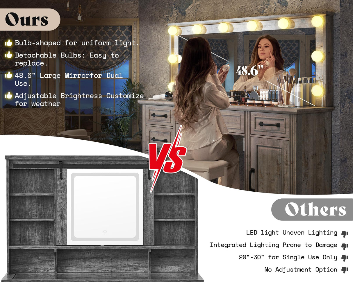 AMERLIFE 55.1" W Makeup Vanity with Hollywood Mirror, Glass Top Vanity with 5 Drawers & Adjustable Cabinet & Charging Station, 10 Detachable Light Bulbs, Bedroom/Salons, Light Oak AMERLIFE