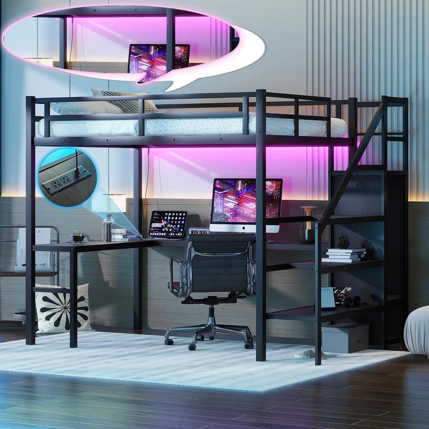 Linique Full-Size Gaming Loft Bed with Desk, LED Lights, and Wardrobe in Black - WoodArtSupply