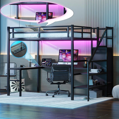 Linique Full-Size Gaming Loft Bed with Desk, LED Lights, and Wardrobe in Black
