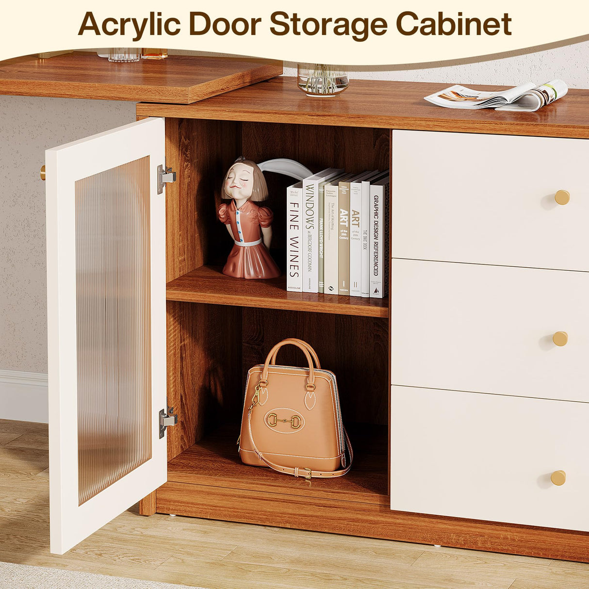 Tribesigns Modern Makeup Vanity, Retractable Large Vanity Desk with 3 Drawers and Cabinet, Makeup Corner Dressing Table for Bedroom, Walnut and White (Without Mirror) Tribesigns