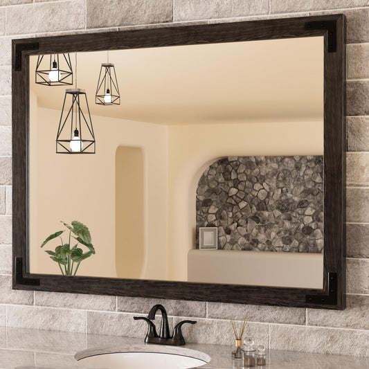 TETOTE 40 x 30 Inch Black Rustic Bathroom Wood Framed Mirror for Over Sink, Farmhouse Natural Dark Black Wooden Rectangle Decorative Wall Mirror, Horizontal/Vertical, Easy to Install - WoodArtSupply