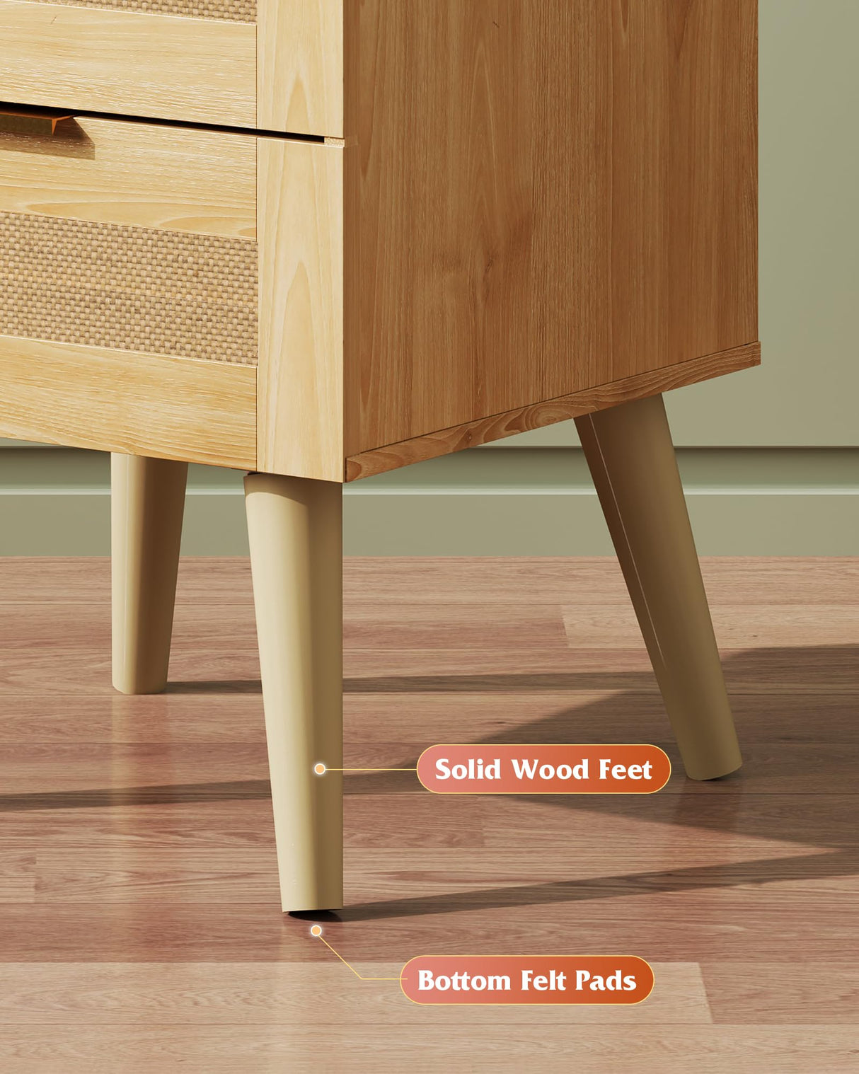 WLIVE Wood Nightstand Set of 2, Night Stand Sets with 2 Rattan Decor Drawers, End Tables with Solid Legs, Bed Side Table for Bedroom, Living Room, Natural Oak WLIVE