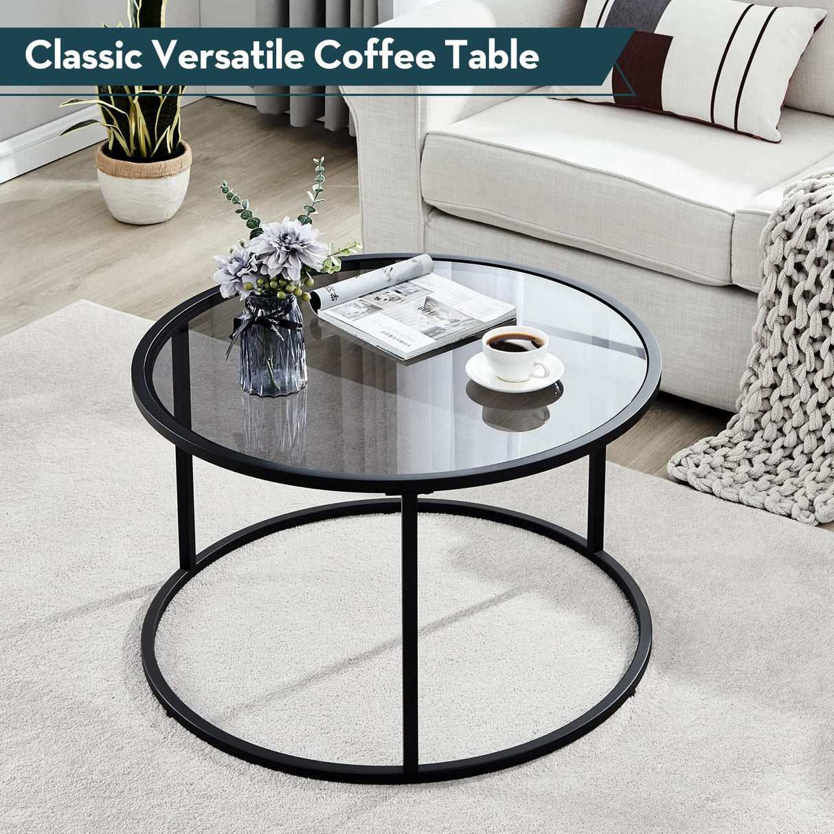 SAYGOER Round Coffee Table Glass Coffee Tables for Small Space Simple Modern Center Table for Living Room Home Office, Sofa Side Table with Metal Steel Frame, Easy Assembly, Gray Black SAYGOER