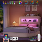 HOSTACK Full LED Bed Frame with Storage Headboard and Charging Station, Kids Bed Frame with 4 Drawers and USB Ports, Velvet Upholstered Platform Bed Frame with Bookcase, No Box Spring Needed, Cream HOSTACK