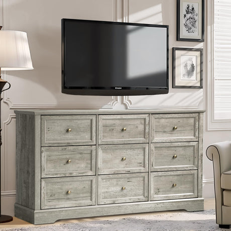 LOUVIXA Farmhouse Dresser 9 Drawer, Bedroom Chest of Drawers, Dressers with 9 Drawers, Wooden Dressers for Bedroom, Living Room, Tv Stand, Entryway (Grey-9 Drawers) LOUVIXA