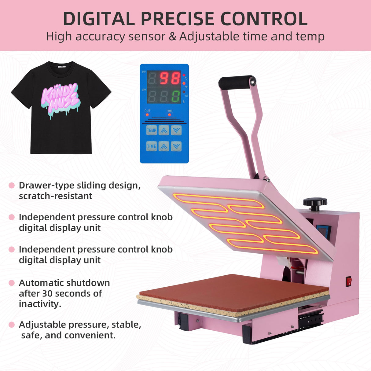 15x15 Inch Heat Press Machine with Slide-Out Drawer, Manual Clamshell Design, Digital Temp & Timer Control, Pink 1400W Heat Transfer Machine for T-Shirts, Vinyl, Fabric, DIY Projects & More Sanch Ancha