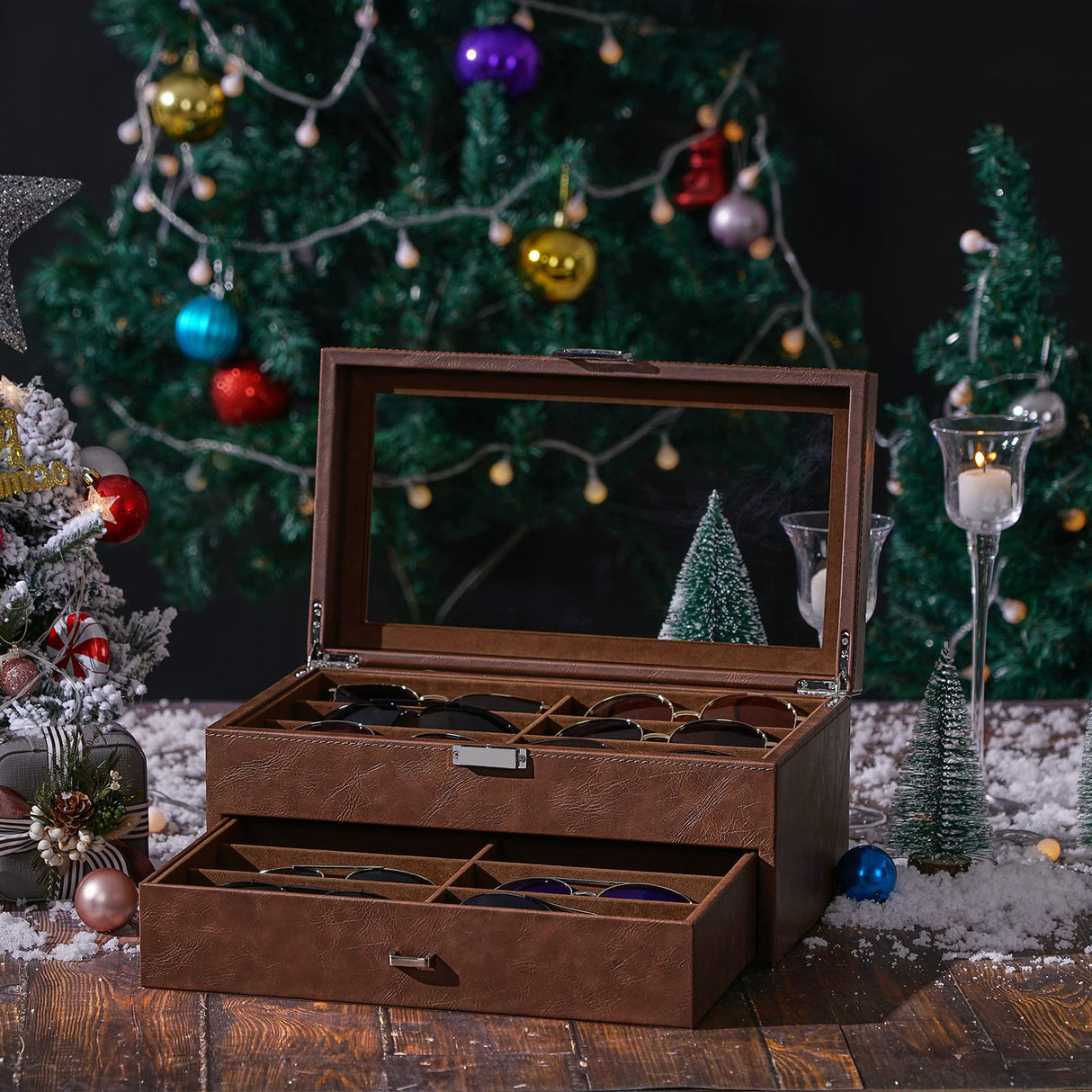 BEWISHOME Sunglasses Organizer, 12 Slots Sunglasses Case for Women Men, Eyeglasses Eyewear Display Case with Clear Glass Top, Faux Leather,Brown SSH48Z BEWISHOME