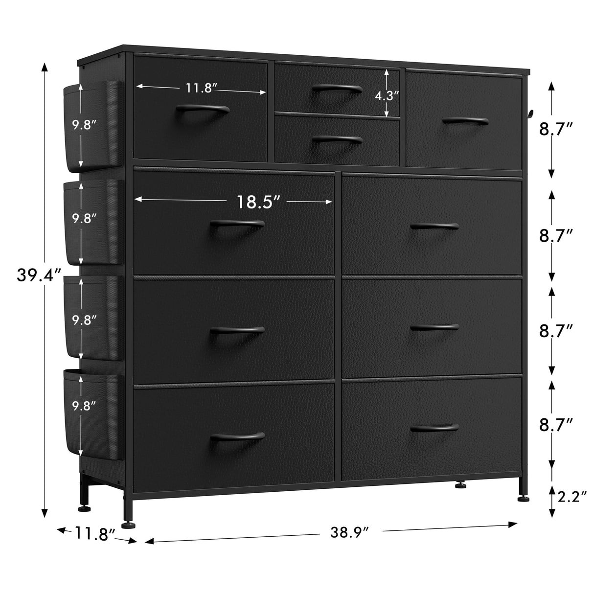 Lulive Dresser for Bedroom with 10 Drawers, Chest of Drawers with Side Pockets and Hooks, PU Storage Dresser, Organizer Unit for Living Room, Hallway, Closet (Black) Lulive