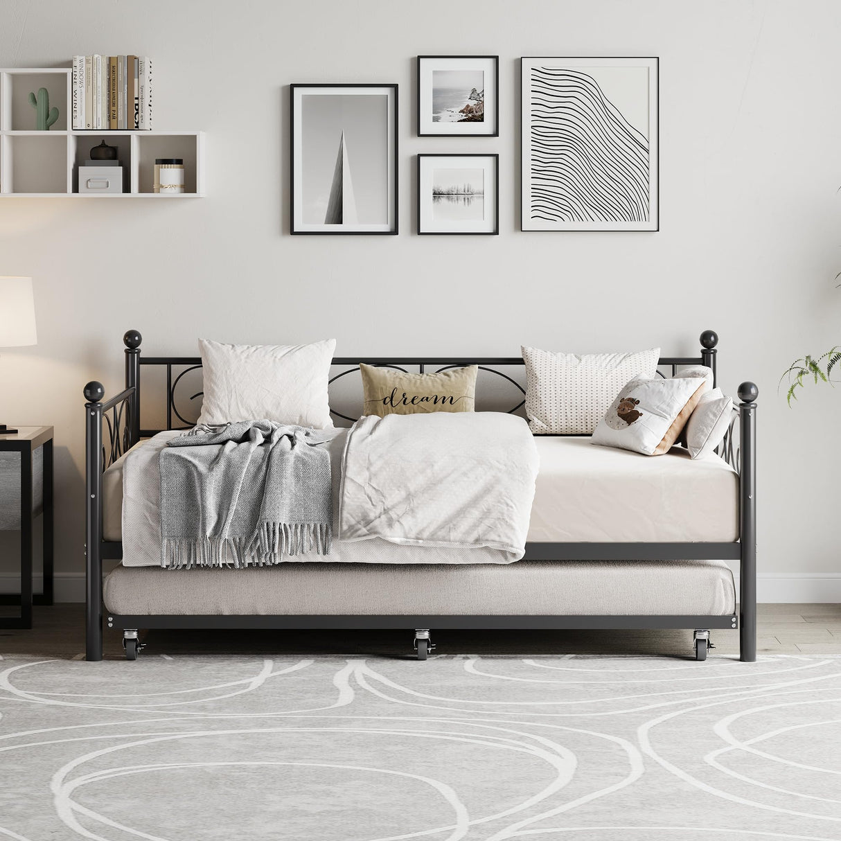 GarveeHome Daybed with Trundle Bed, Twin Size Day Bed with Floral Headboard, Metal Sofa Bed Frame with Pull-Out Trundle, Heavy Duty Steel Slats Supports, for Living Room, Guest Room, Modern Black GarveeHome