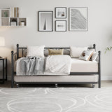 GarveeHome Daybed with Trundle Bed, Twin Size Day Bed with Floral Headboard, Metal Sofa Bed Frame with Pull-Out Trundle, Heavy Duty Steel Slats Supports, for Living Room, Guest Room, Modern Black GarveeHome