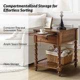 HULALA HOME Farmhouse End Table with Charging Station, Solid Wood Nightstand with Drawer Shelf, Side Table with Pull-Out Shelf (Walnut) HULALA HOME