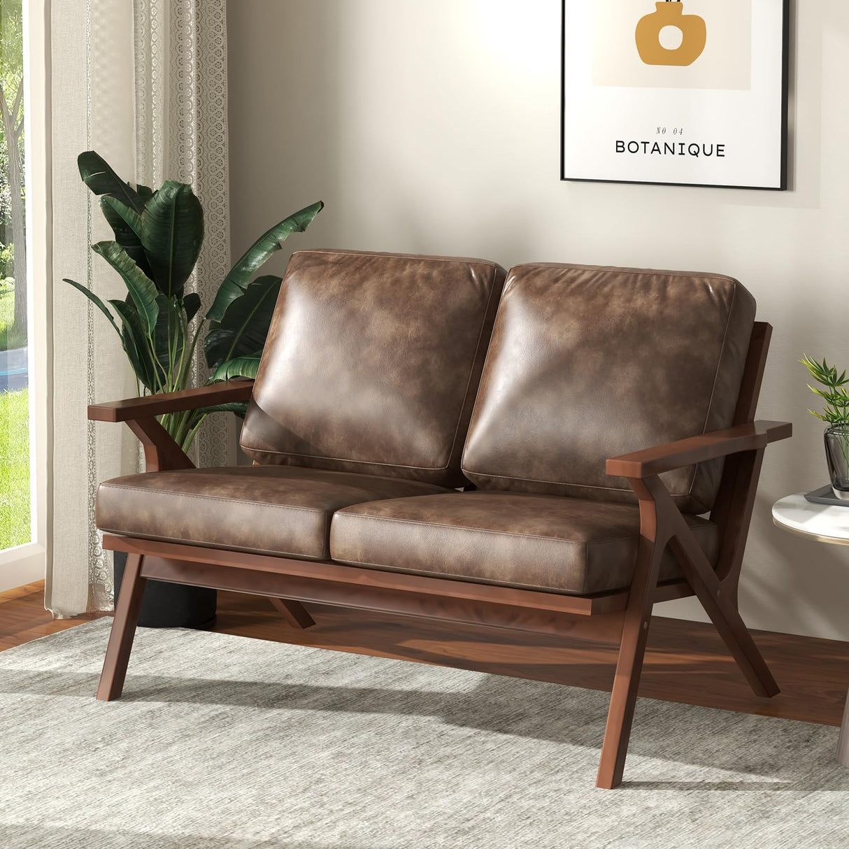 Bonzy Home 51.6" Loveseat Sofa Mid-Century Faux Leather Accent Chair, Upholstered 2-Seat Couch Loveseat with Solid Wood Frame and Cushions, Small Sofa Couch for Living Room, Bedroom,Retro Brown Bonzy Home