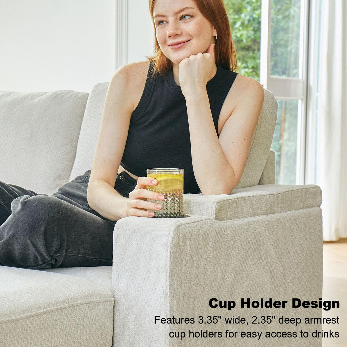 Belffin Fabric L Shaped Sectional Couch with Storage, Small Modular Sectional Corner Sofa with Chaise, Armrest with Cup Holder. Beige Couch. Belffin