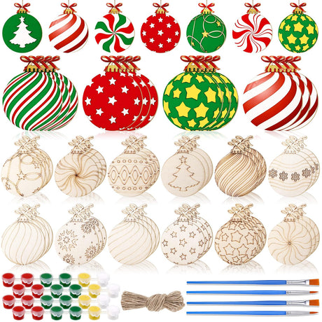 Cinnvoice 60 Pcs Wood Christmas Crafts for Adults DIY Paint Xmas Ornaments Blank Unfinished Wooden Cutouts Shapes Slices Hanging Embellishment for Christmas Tree Holiday Party Decor(Ball) Cinnvoice
