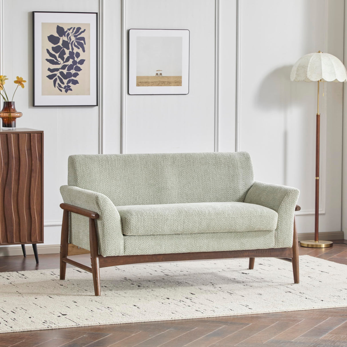 Christopher Knight Home Canna Boucle Flared Arms Loveseat, Comfy Upholstery 2 Seater Sofa, Wooden Frame Living Room Chair, Soft Seating Lounge Sofa for Bedroom/Office, Light Green + Walnut Christopher Knight Home