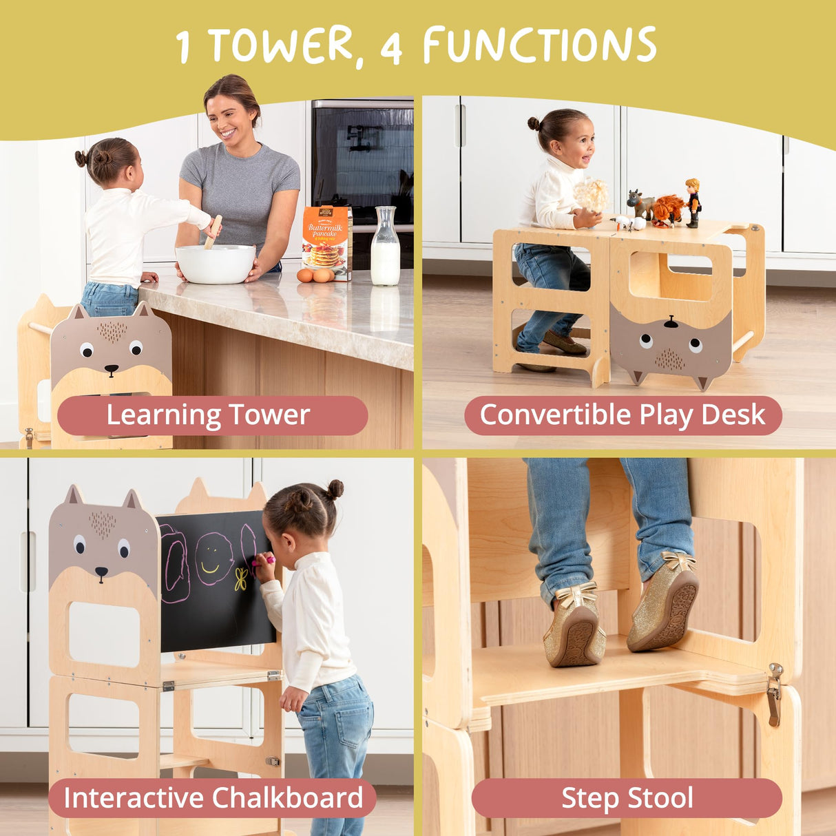 OmaOmaOma Kids Wooden Learning Tower - Foldable Toddler Tower for Children - Toddlers Standing Tower & Kitchen Stool Helper for Counter - Convertible Learning Tower w/Step Stool, Desk, Chalkboard OmaOmaOma