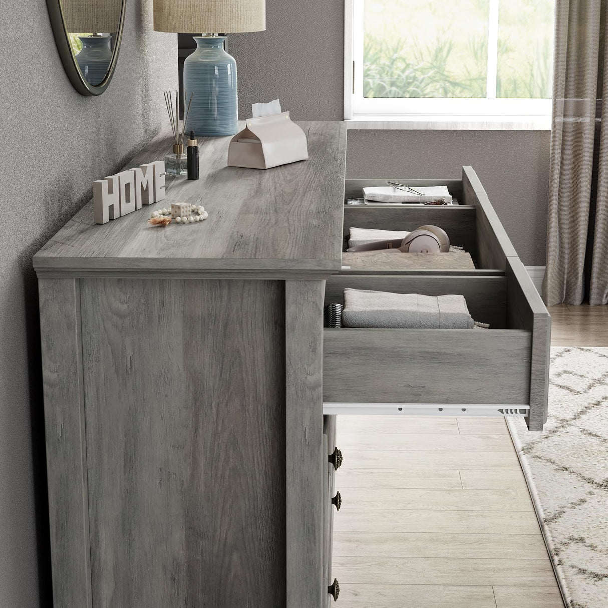 Farmhouse 9 Drawers Dresser for Bedroom, Wood Rustic Wide Chest of Drawers, TV Stand Storage Dressers Organizer for Bedroom, Living Room, Hallway,Gray LGHM