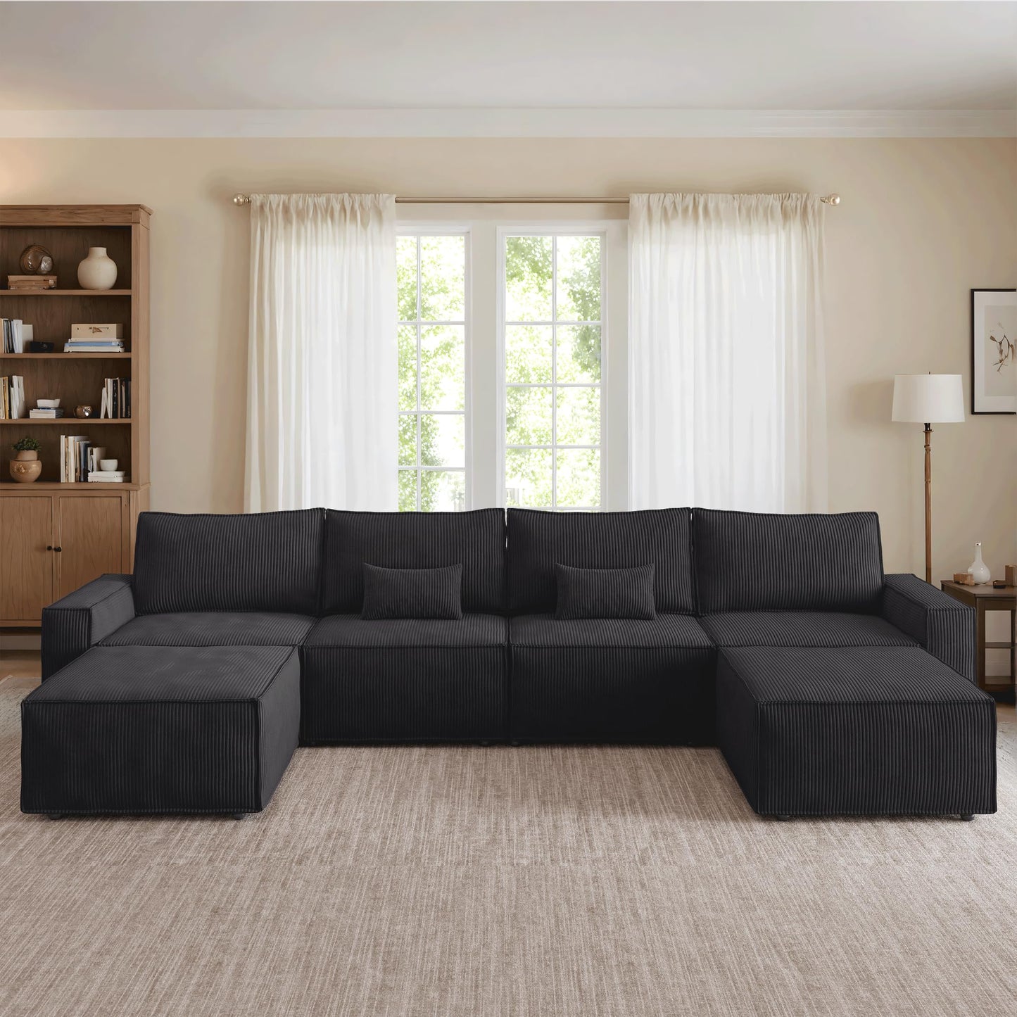 ovios Modular Sectional Sofa Couch, L-Shaped Minimalist Couches with 2 Ottomans Chaise, Comfy Deep Seat Cloud Plush Corduroy Living Room Sofas Set, 6 Seat Large Cushions, Black