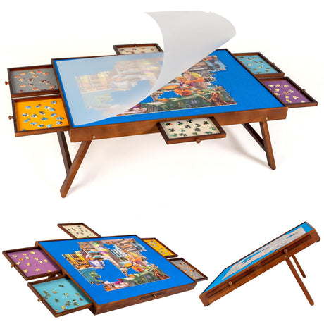 Tektalk Jigsaw Puzzle Table with Foldaway Legs & Tilting Stand, Puzzle Board with PP Cover & 6 Colorful Drawers, Storing for 1500, 1000, 500 Jigsaw Puzzle Pieces Tektalk