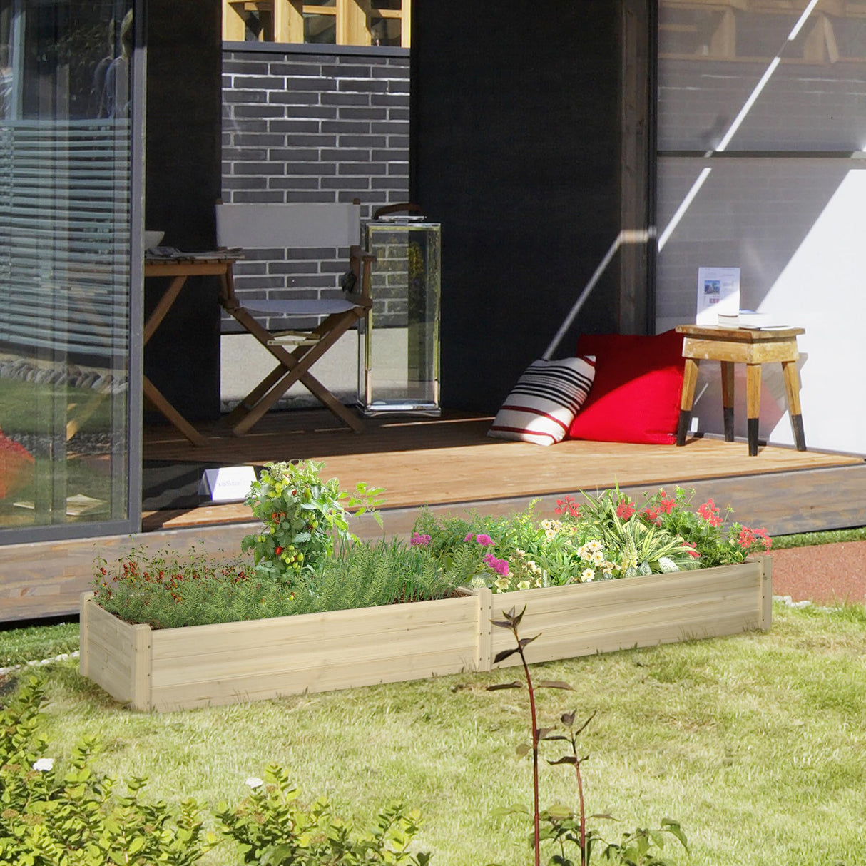 Outsunny 8x2ft Wooden Raised Garden Bed Kit, Elevated Planter with 2 Boxes, Self Draining Bottom and Liner, Patio to Grow Vegetables, Herbs, and Flowers, Natural Outsunny