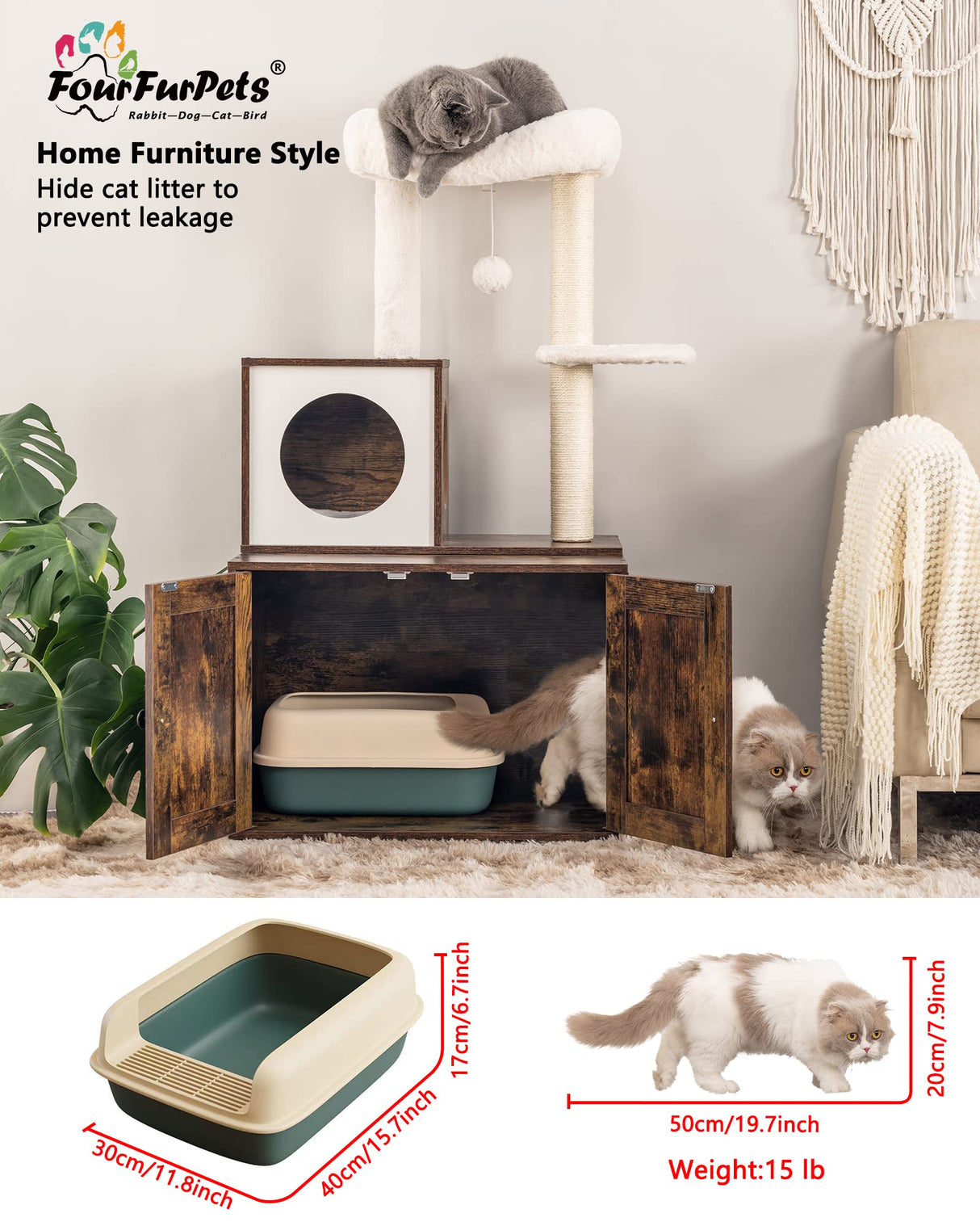 FourFurPets Multipurpose Litter Box Enclosure, Cat Tree and Condo, Side Table, with Large Platform, Cat House, Full Sisal Posts, Removable Washable Cushion, Rustic Brown FourFurPets