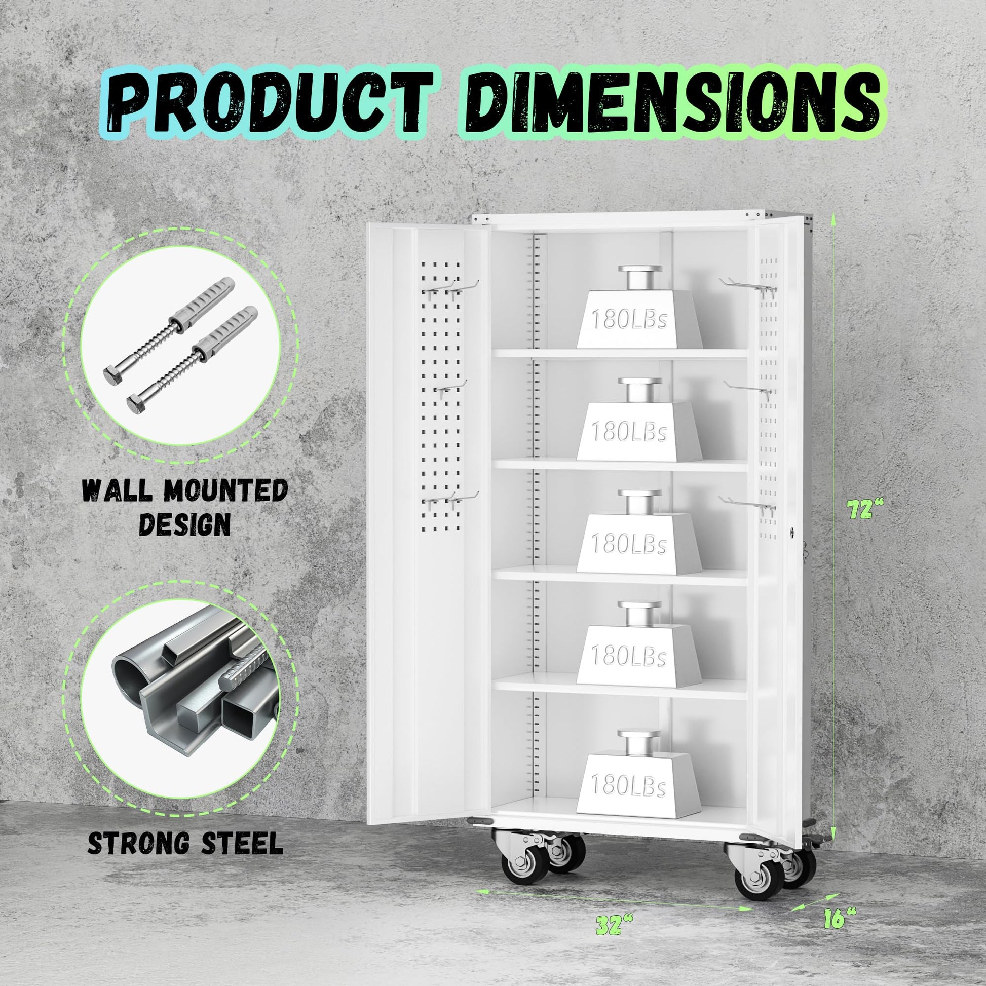 INTERGREAT 72" Metal Garage Storage Cabinet with Wheels, White Steel Locking Cabinet with 2 Adjustable Shelves and Doors, Rolling Metal Tool Cabinet for Home, Office, School, Garage - WoodArtSupply