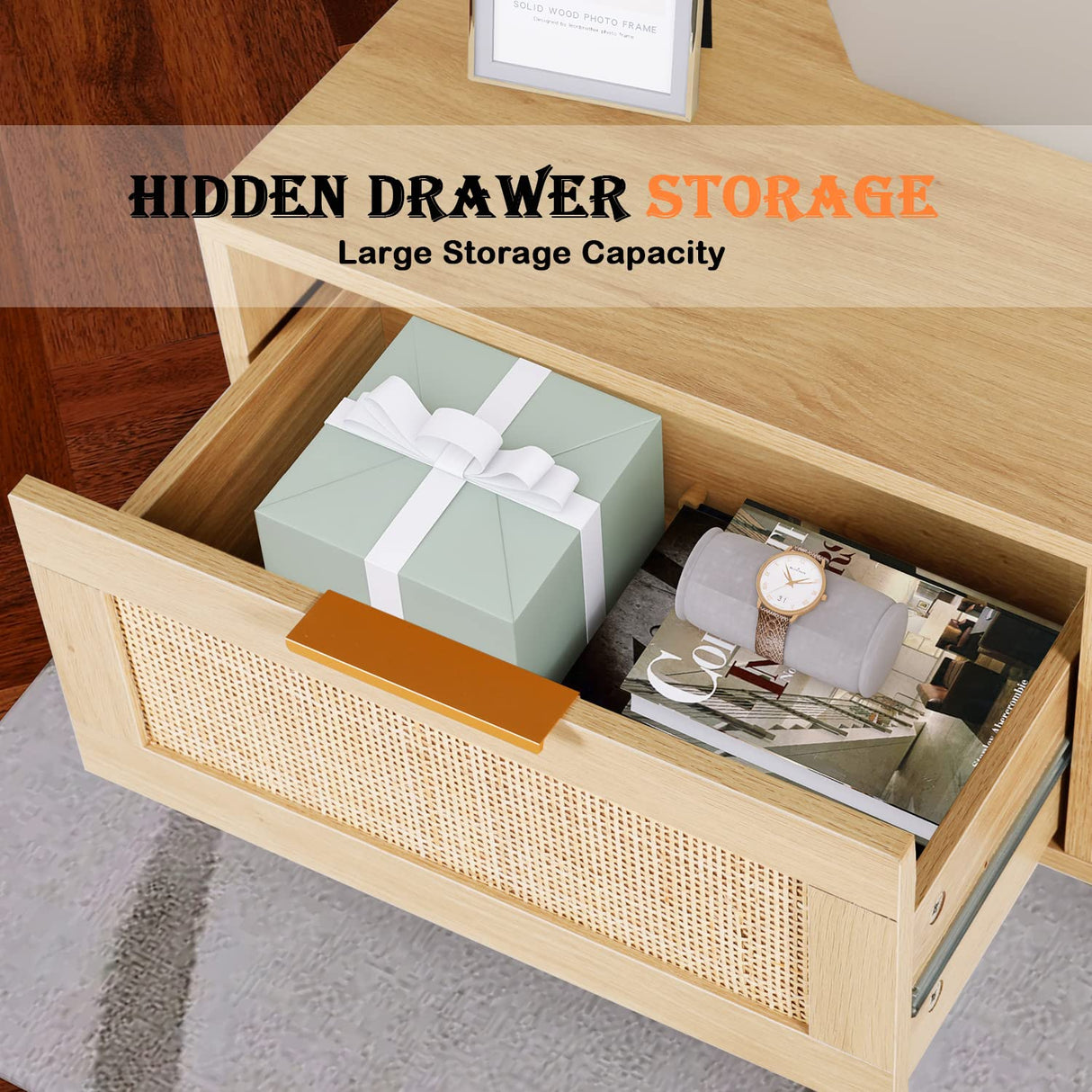 LAZZO Rattan Coffee Table Mid Century Modern Center Rectangular Tables with 2 Drawers and Open Storage Shelf Wooden Small Media Table for Home Living Room,Office Natural Wood LAZZO