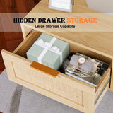 LAZZO Rattan Coffee Table Mid Century Modern Center Rectangular Tables with 2 Drawers and Open Storage Shelf Wooden Small Media Table for Home Living Room,Office Natural Wood LAZZO