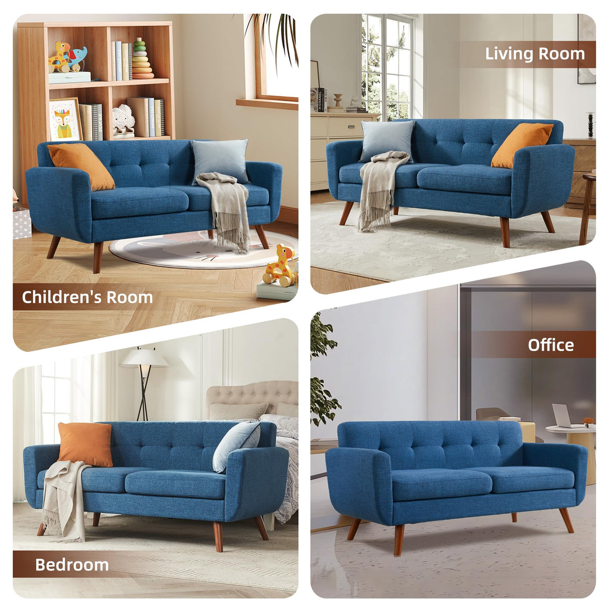 Tbfit 65" W Loveseat Sofa, Mid Century Modern Decor Love Seat Sofas and Couches for Living Room, Button Tufted Upholstered Small Couch for Bedroom, Solid and Easy to Install Love Seats Furniture, Blue Tbfit