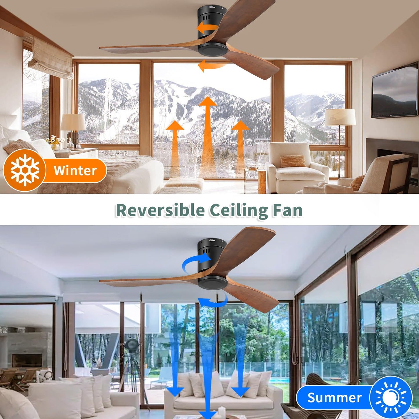 Sofucor 52 Inch Ceiling Fan Without Lights Flush Mount Ceiling Fan with Remote Control, Wood Blades Modern Outdoor Ceiling Fan No Light for Bedroom/Farmhouse/Patio/Indoor