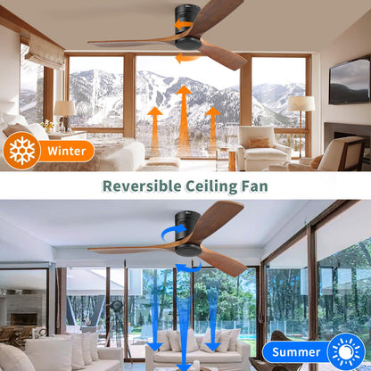 Sofucor 52 Inch Ceiling Fan Without Lights Flush Mount Ceiling Fan with Remote Control, Wood Blades Modern Outdoor Ceiling Fan No Light for Bedroom/Farmhouse/Patio/Indoor