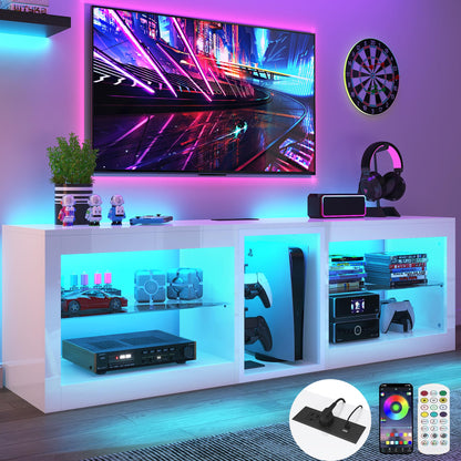 Vinctik 6&Fox High Gloss LED TV Stands w/Power Outlet,60,000-Colors Lighting for 55 60 65 70in TV,Modern White LED Entertainment Center w/Adjustable Glass Shelves for Living Room Gameroom Bedroom