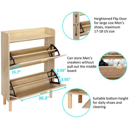 Finnhomy Extended Edition Shoe Cabinet with Natural Rattan Flip Drawers for Entryway, Free Standing 2 Tier Slim Shoe Organizer with Large Top Board, Shoe Cabinet with 3-Gear Adjustable Width  - WoodArtSupply