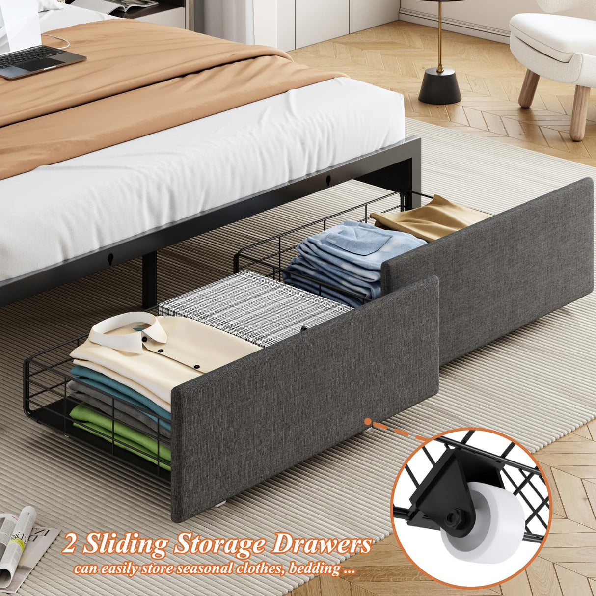 Queen Size Bed Frame with Storage Headboard and 2 Drawers, Upholstered Button Linen Platform Bed frame with Led Lights and Charging Station, No Box Spring Needed, Easy Assembly, Noise Free, Gray TIGUBFRE