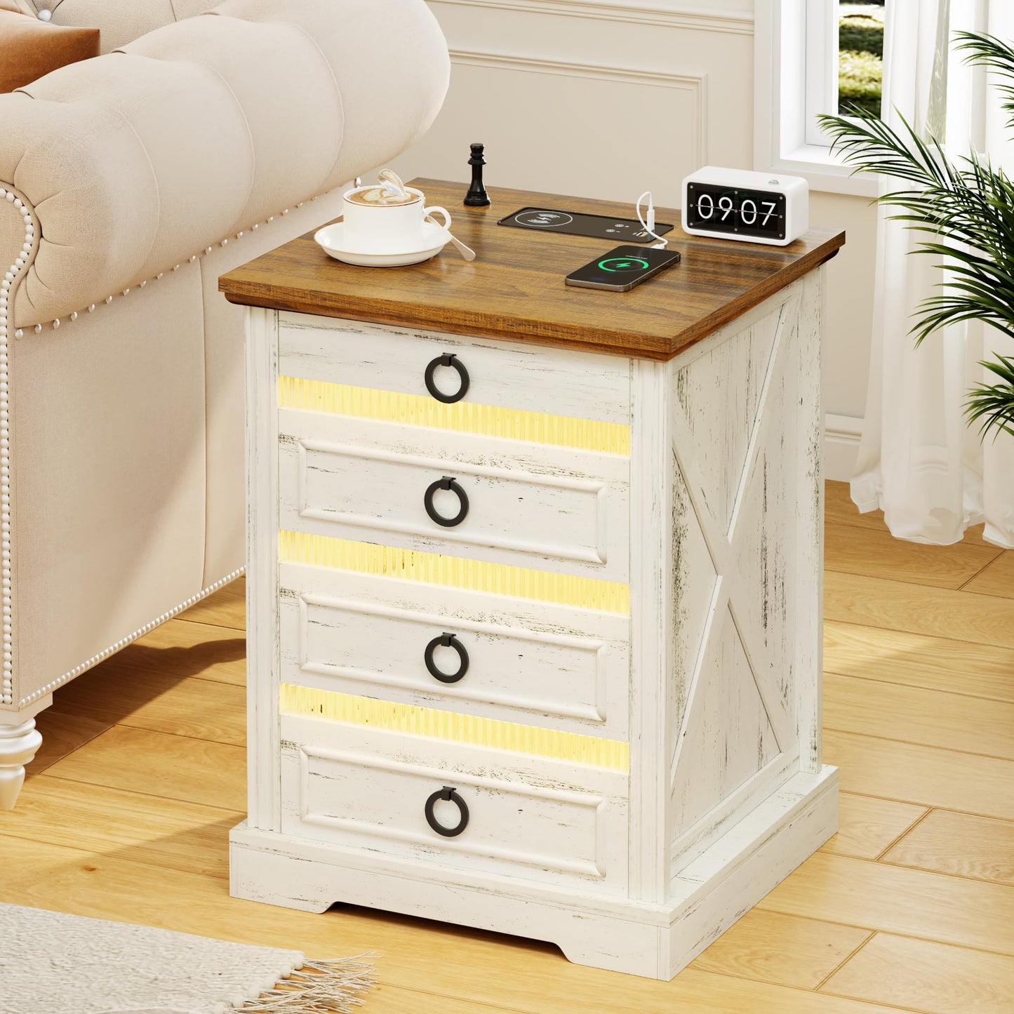 FREDEES Farmhouse Nightstand with Gun Drawer, Bedside Table with Charging Station, Night Stand Gun Holder with LED Light & Human Sensor, End Table for Bedroom Living Room, Antique White - WoodArtSupply