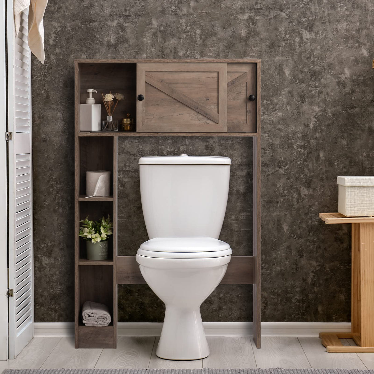 ALIMORDEN Over The Toilet Storage Cabinet, Bathroom Organizer Shelf with 2 Sliding Doors ALIMORDEN