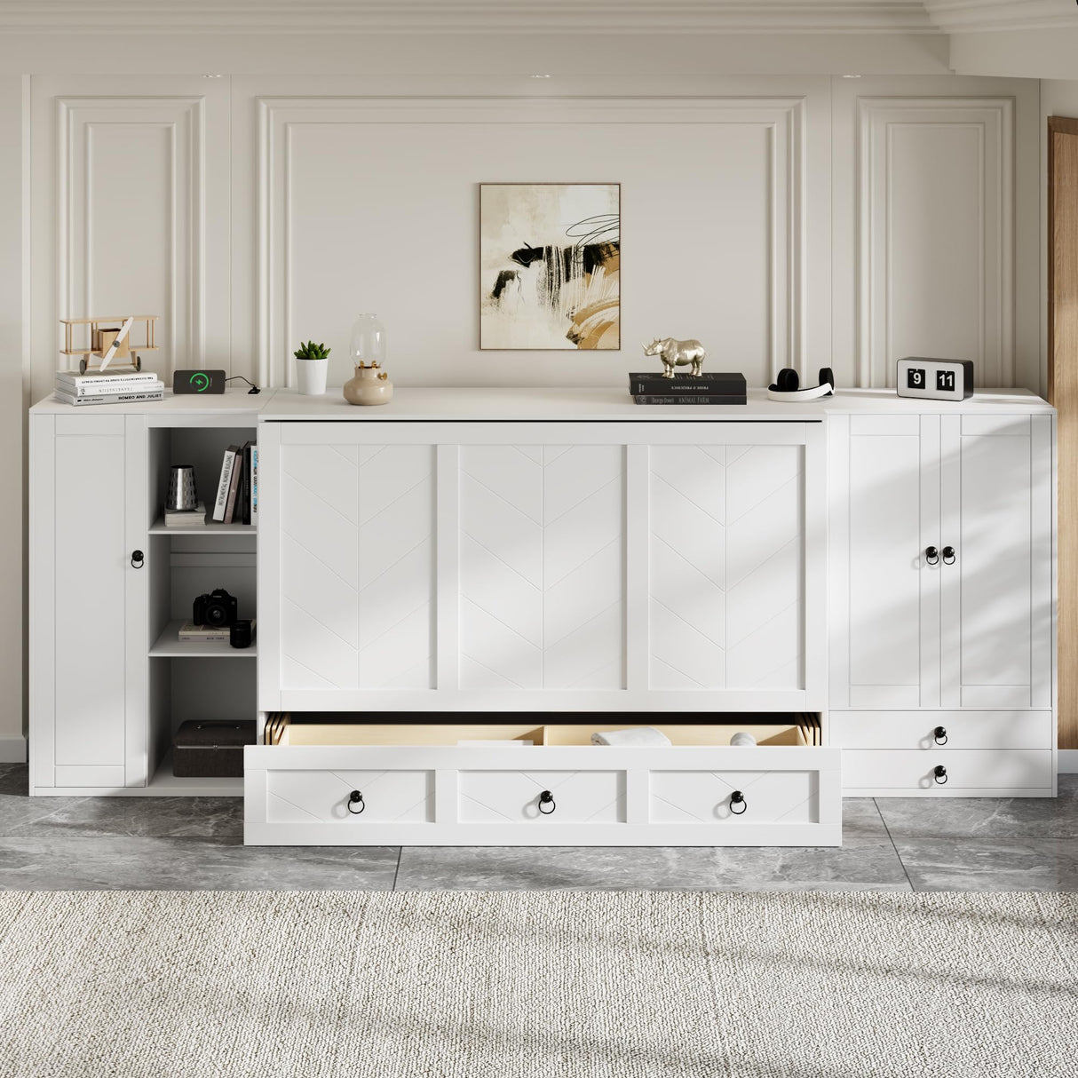 Queen Size Murphy Wall Bed, Solid Pine, USB Charging Station, Bookshelves, Storage Wardrobes - White Harper & Bright Designs