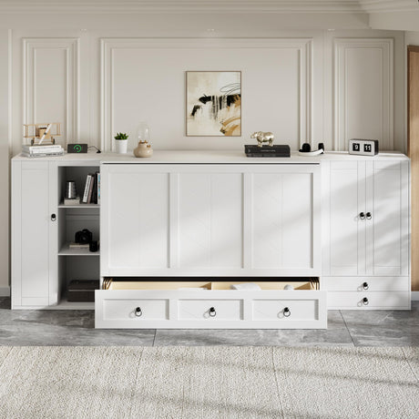 Queen Size Murphy Wall Bed, Solid Pine, USB Charging Station, Bookshelves, Storage Wardrobes - White Harper & Bright Designs