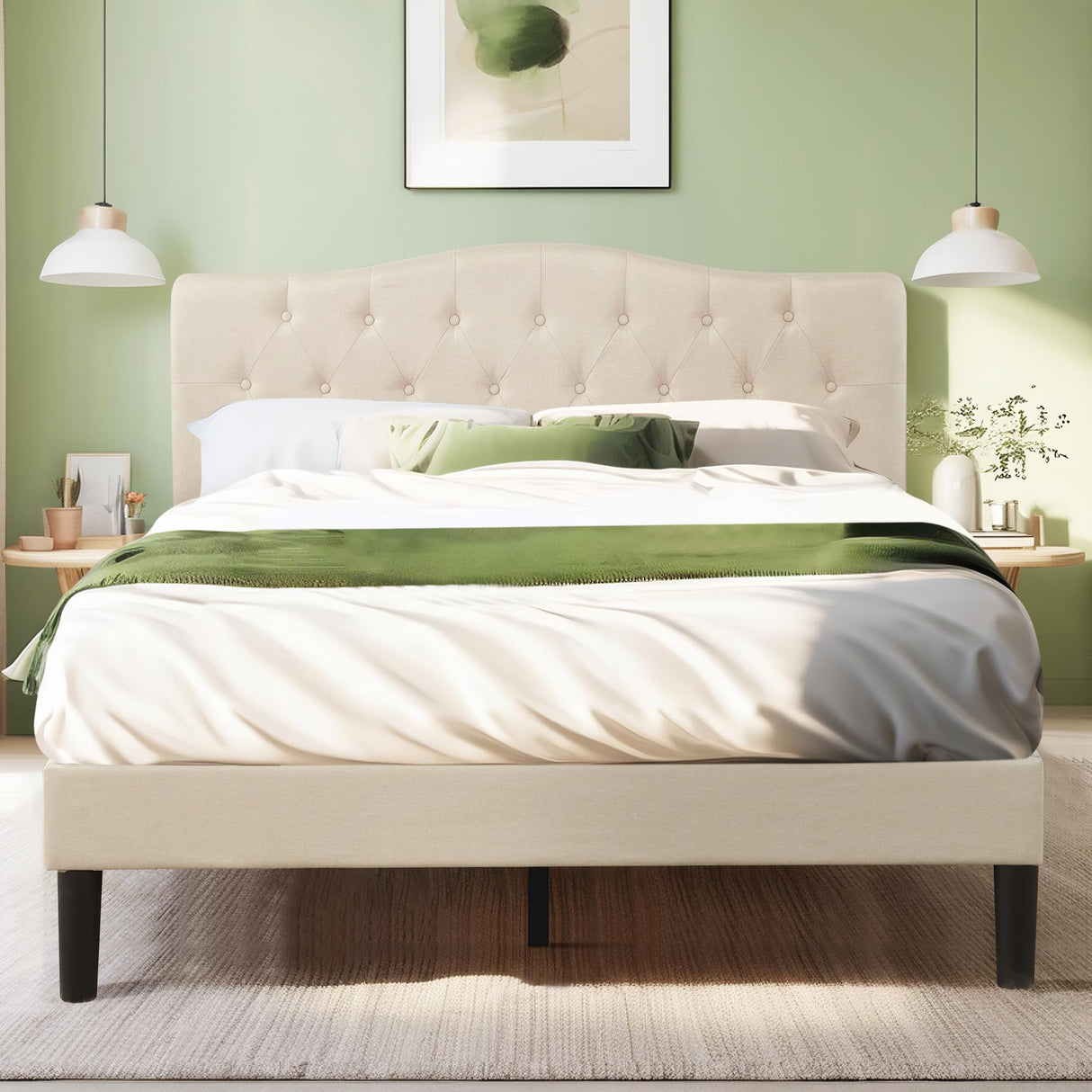 VECELO Queen Size Platform Bed Frame with Fabric Upholstered Headboard and Wooden Slats Support, No Box Spring Needed/Easy Assembly,Beige VECELO