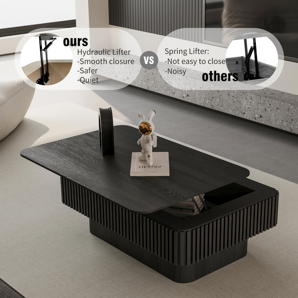 MELAABUU 38.6'' Lift Top Coffee Table with Hidden Compartment, Modern Rectangular Fluted Wooden Center Table Cocktail Tea Table with Storage and Adjustable Height for Living Room Apartment, Black MELAABUU