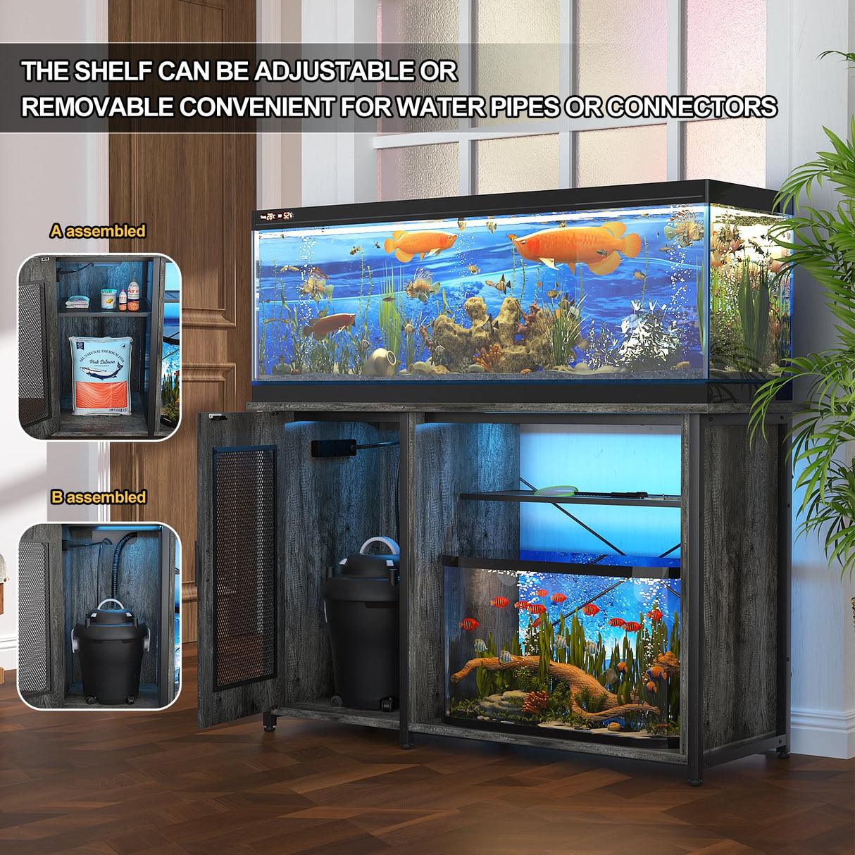 Hyomdeck 55-75 Gallon Fish Tank Stand, Reversible Heavy Duty Metal Aquarium Stand with Cabinet for Fish Tank Accessories Storage, Turtle/Reptile Terrariums, Black Oak Hyomdeck