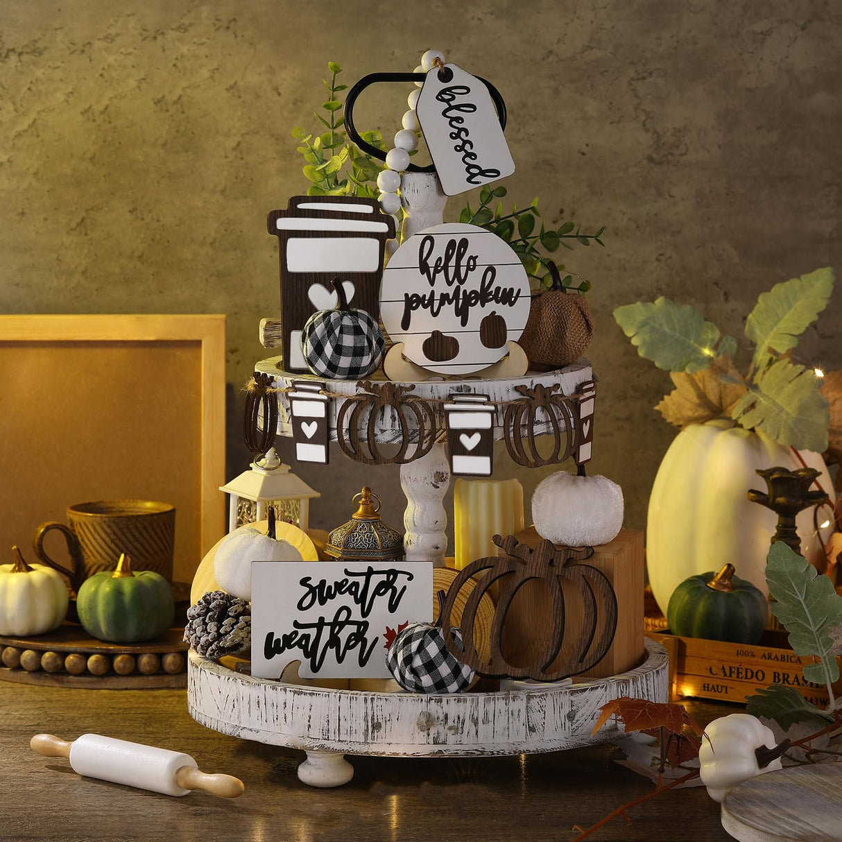 FairySandy 19 PCS Rustic Fall Tiered Tray Decor Fall Farmhouse Home Decor Set Fall Wood Tray Decor Rustic Autumn Pumpkin Tiered Tray Decorative Fall Tray Sign for Tabletop Kitchen Office Decorations FairySandy